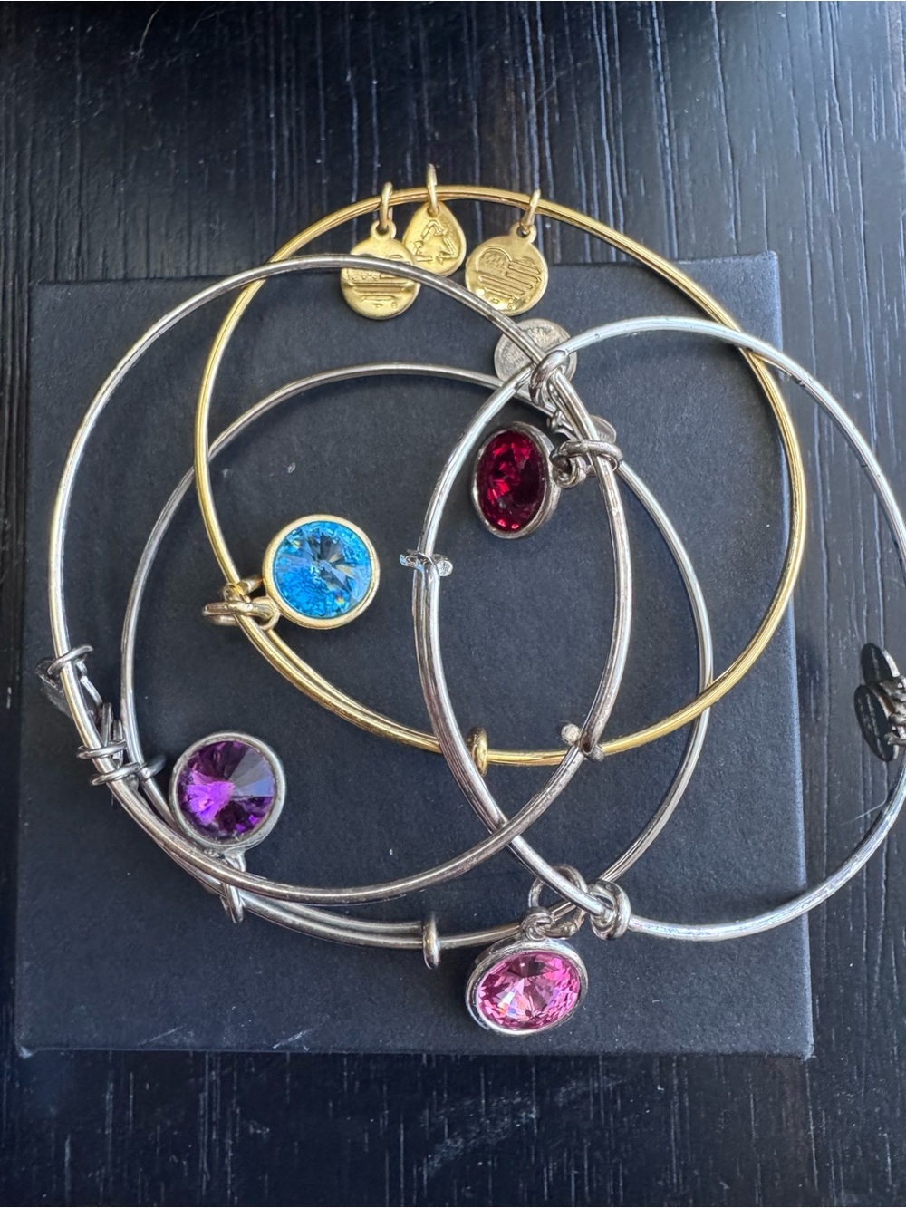 Stackable Gemstone Charm Bangle Bracelet Set - Mixed Metal
